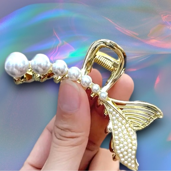 New! Mermaid Tail Hair Claw Clip Gold and Pearl NWT - Picture 5 of 7